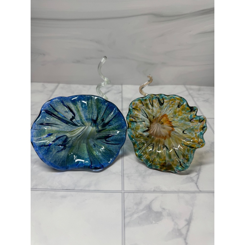 Vintage Hand Blown Art Glass Flowers Murano Style Blue Amber Set of 2